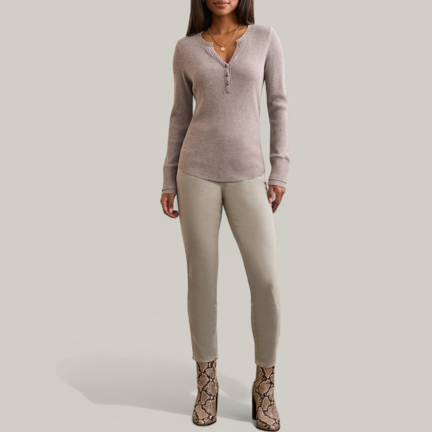 Tribal - Brushed Waffle Knit Henley Long Sleeve Top