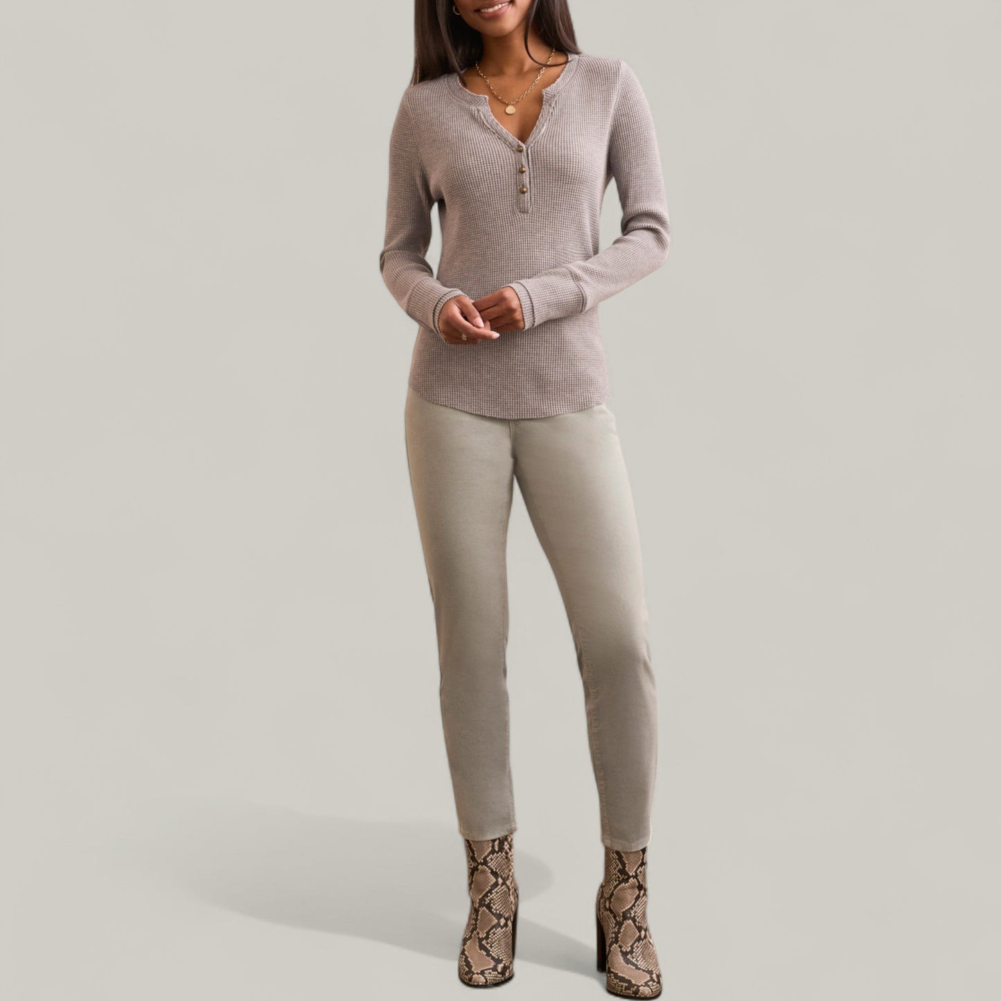 Tribal - Brushed Waffle Knit Henley Long Sleeve Top