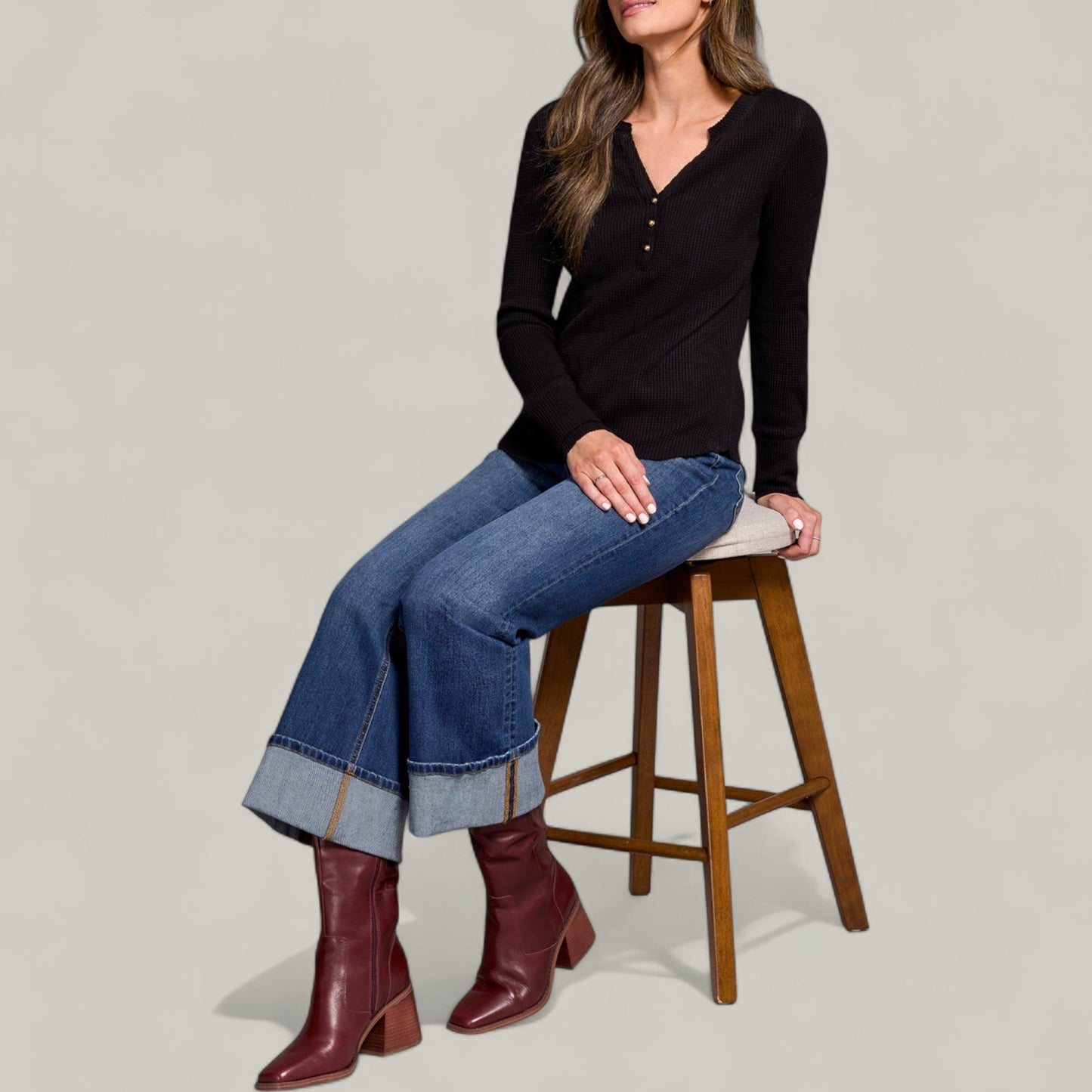 Tribal - Brushed Waffle Knit Henley Long Sleeve Top
