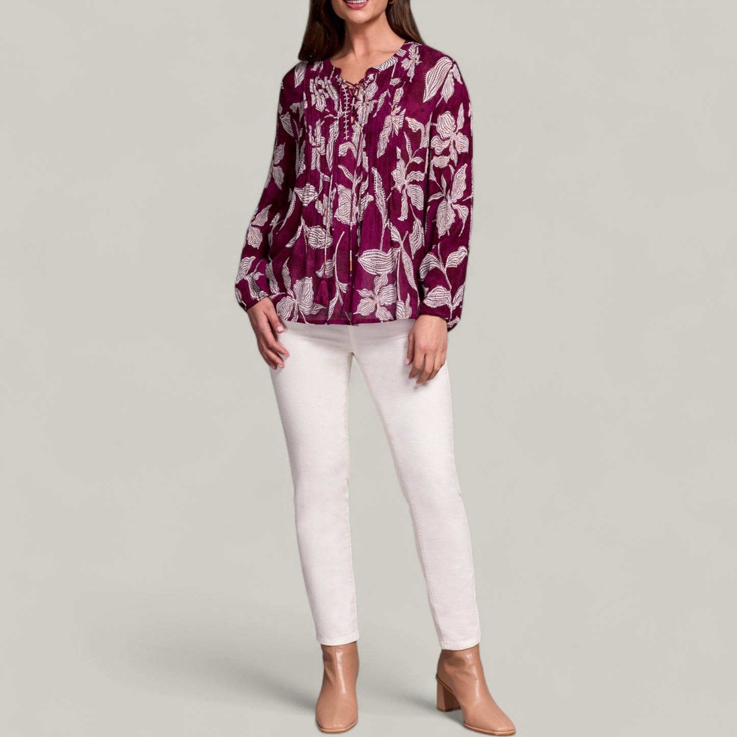 Tribal - Printed Jacquard Pintuck-Front Blouse