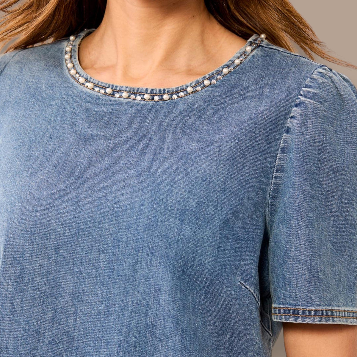 Tribal - Pearl-Trim Denim Top