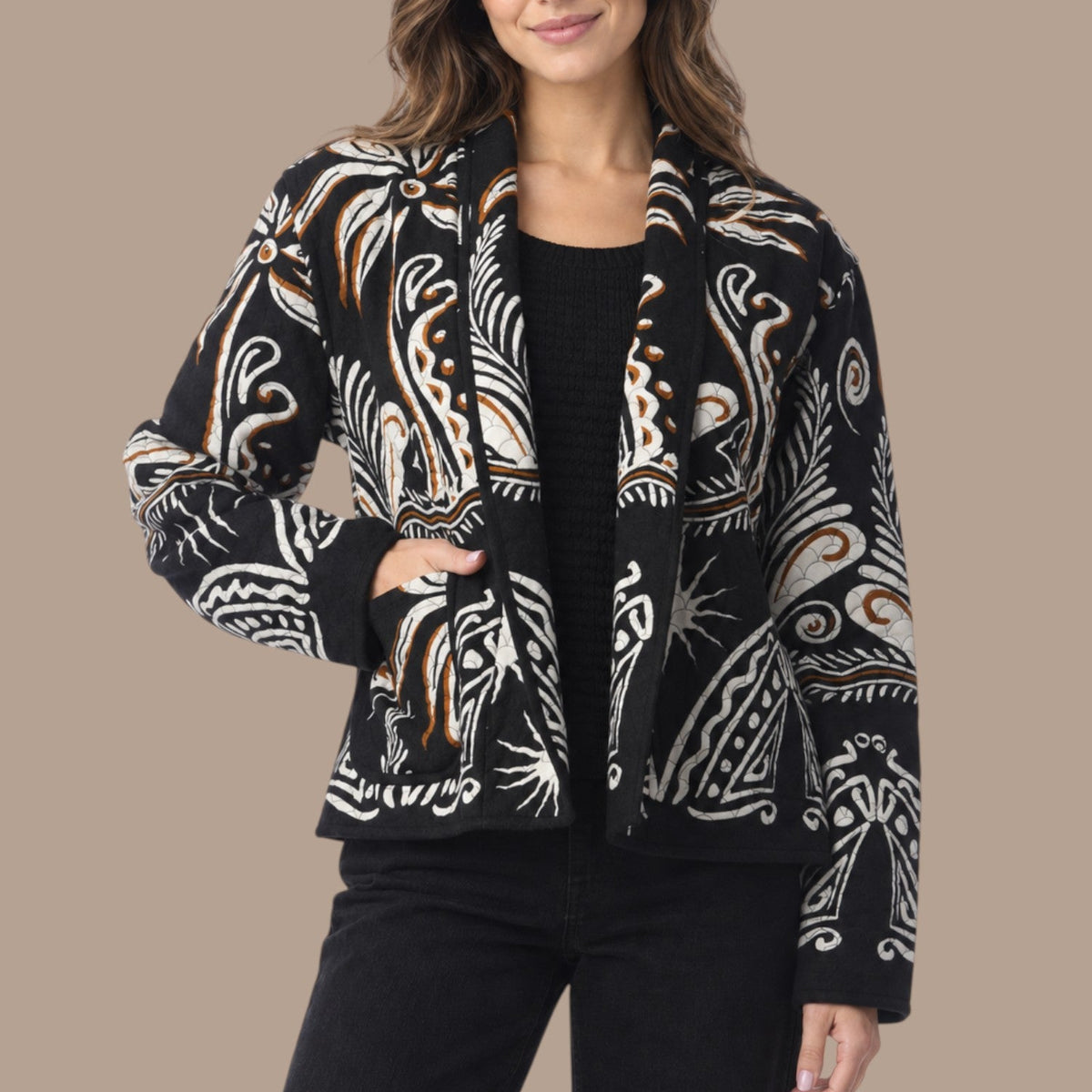 Orientique - Abstract Print Shawl Collar Jacket