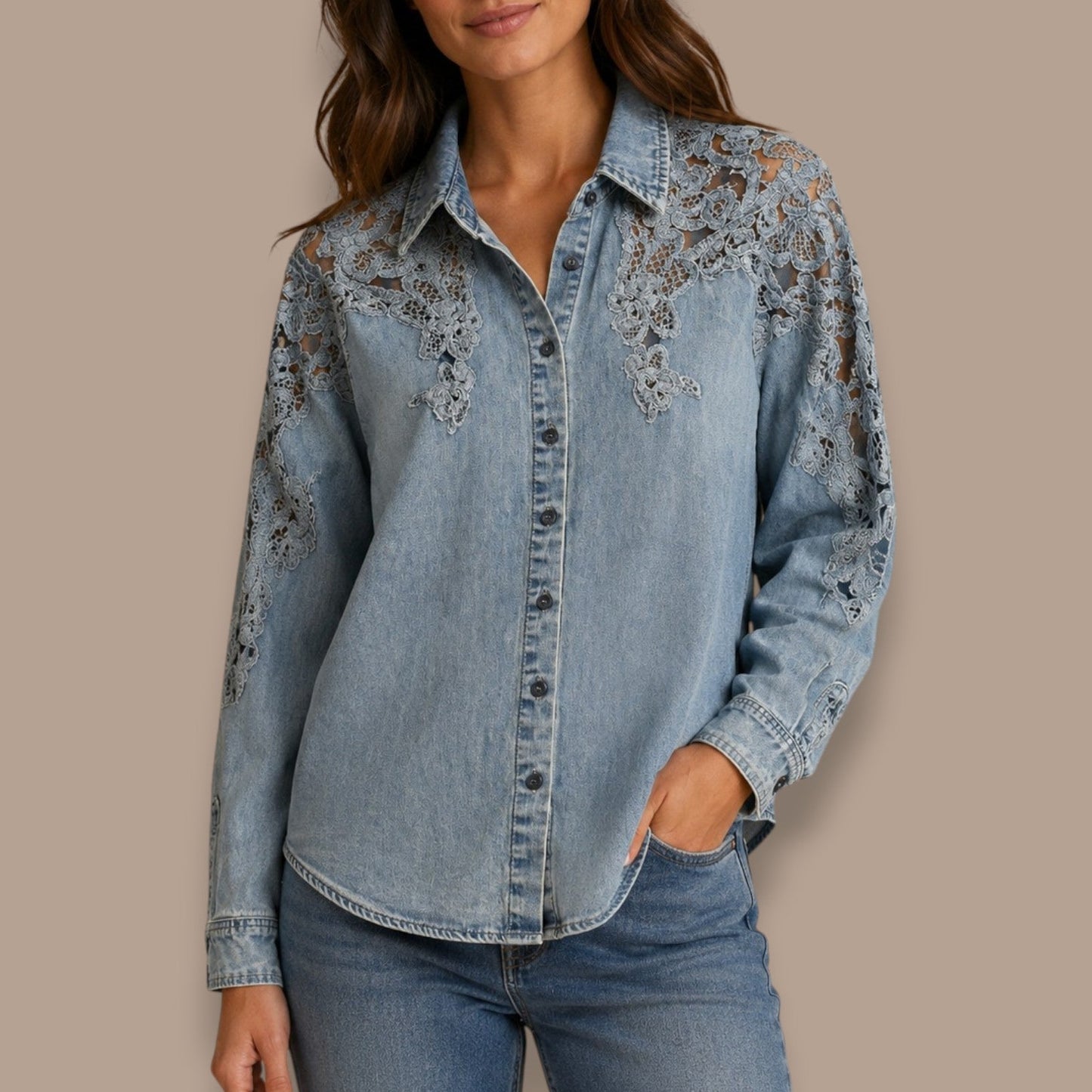Tribal - Floral Lace Button-Front Shirt