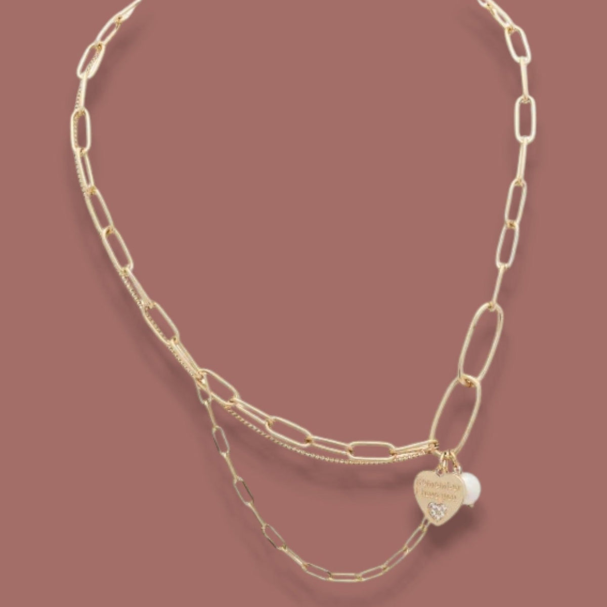 Merx - Gold Layered Chain Necklace With Heart Charm & Pearl Accent