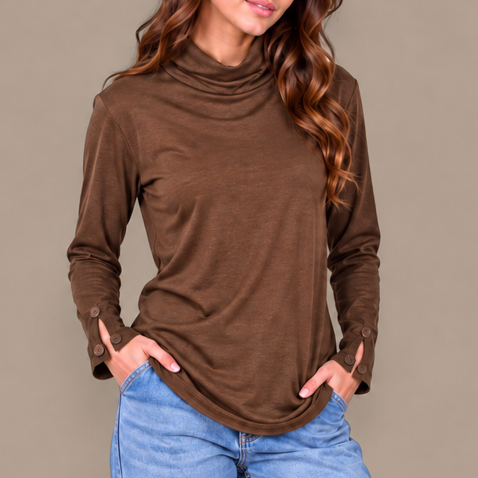 Pure - Button Cuff Cowl Neck Top
