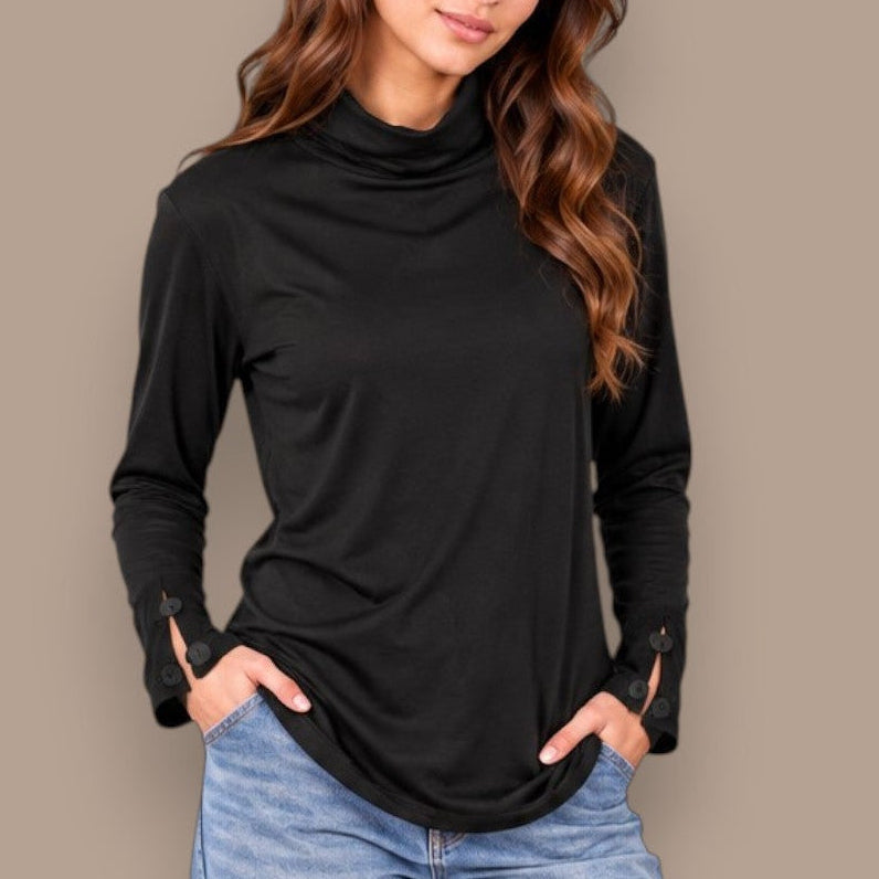 Pure - Button Cuff Cowl Neck Top