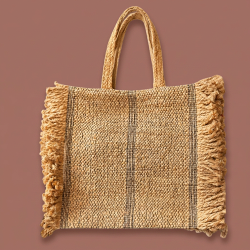 Vintage Decor - Fringed Jute Market Tote Bag
