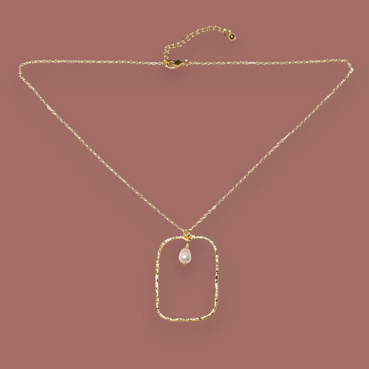 Suzie Blue - Hammered Rectangle Necklace With Pearl Pendant