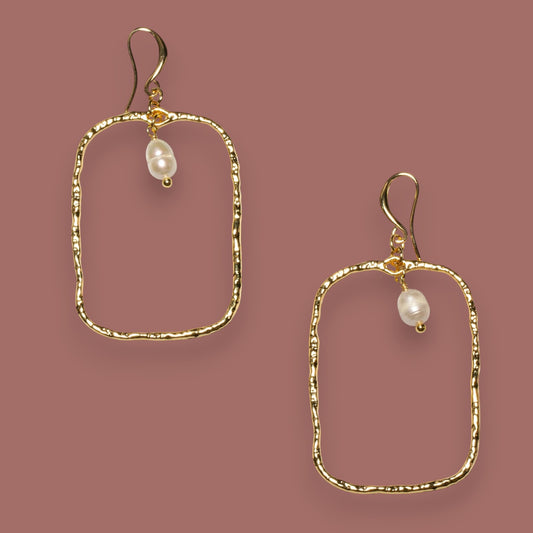 Suzie Blue - Hammered Gold Rectangle Earrings With Pearl