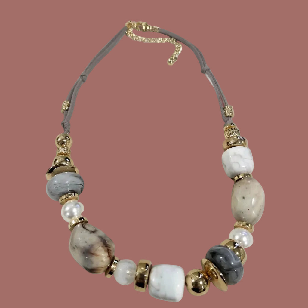 Audrey's - Marble Stones And Pearls Necklace