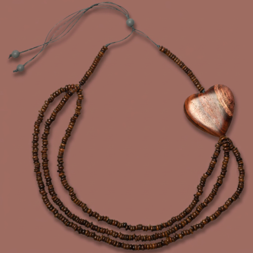 Audrey's - Triple Strand Coconut Bead & Wooden Heart Necklace