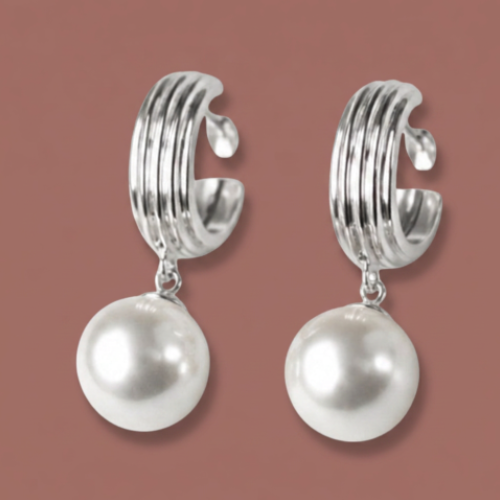 Merx - Pearl Drop Ribbed Half Hoop Earrings