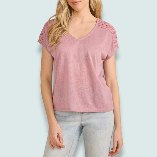 FDJ - Mauve Lace Shoulder V-Neck Tee