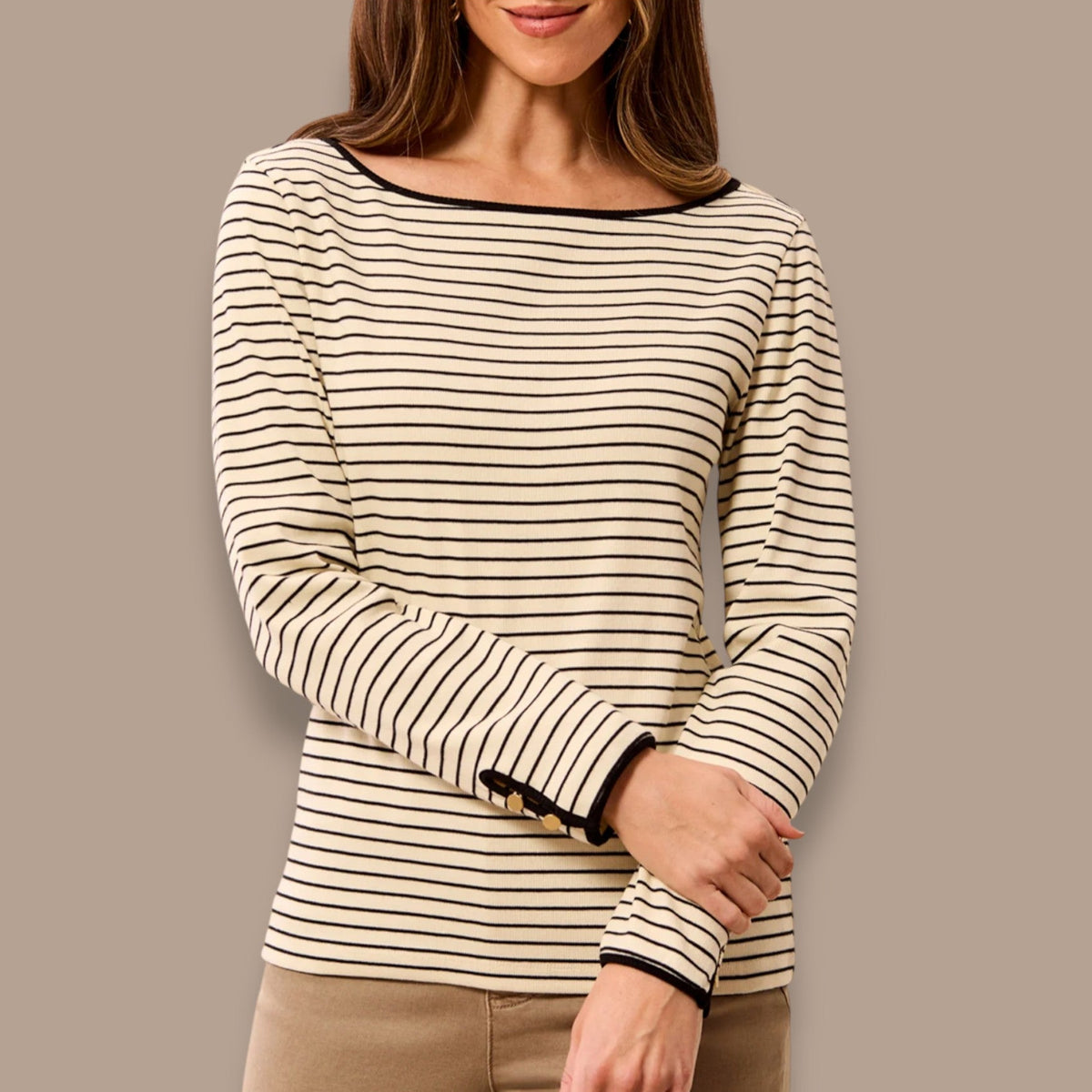 Tribal - Striped Boat Neck Top With Button Cuffs