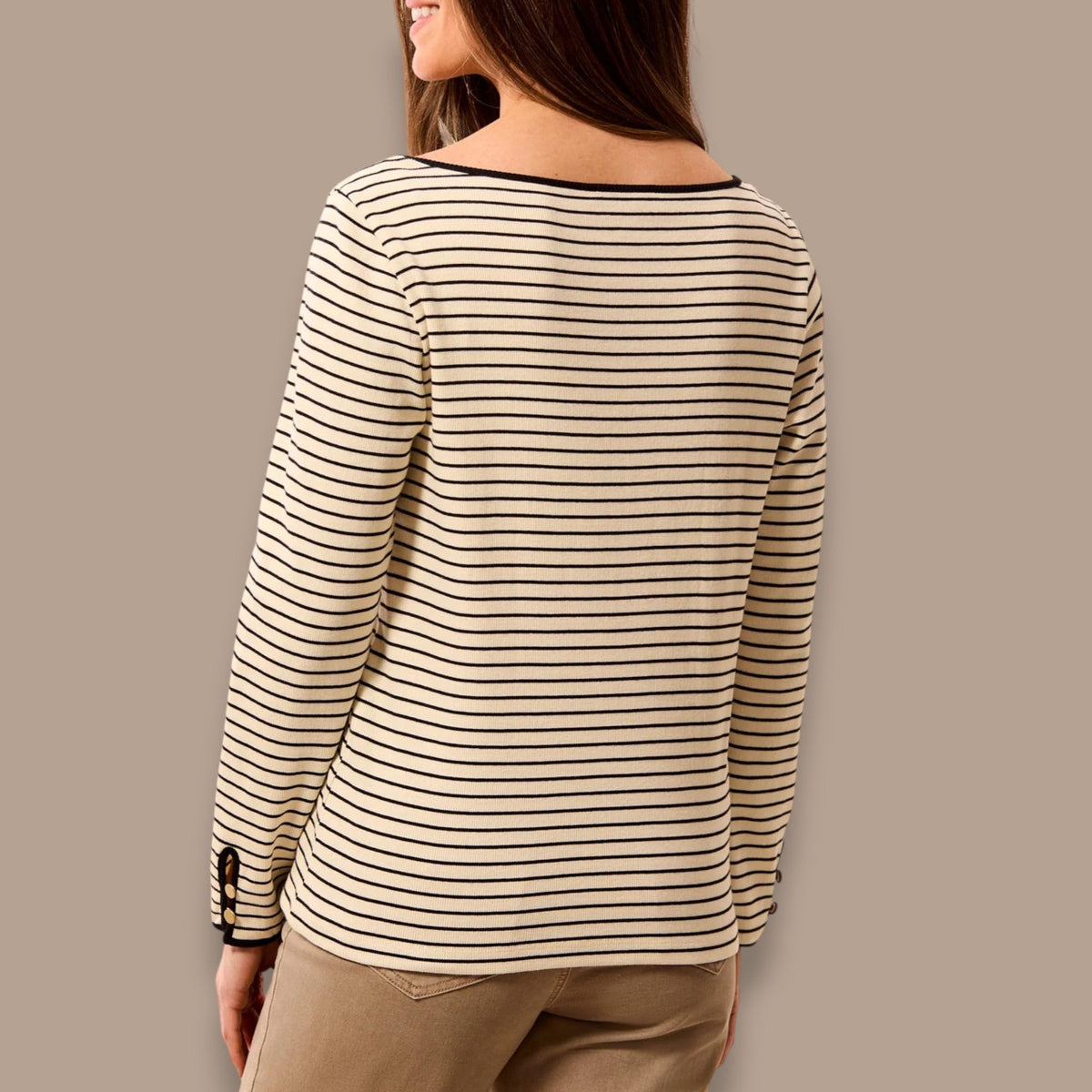 Tribal - Striped Boat Neck Top With Button Cuffs