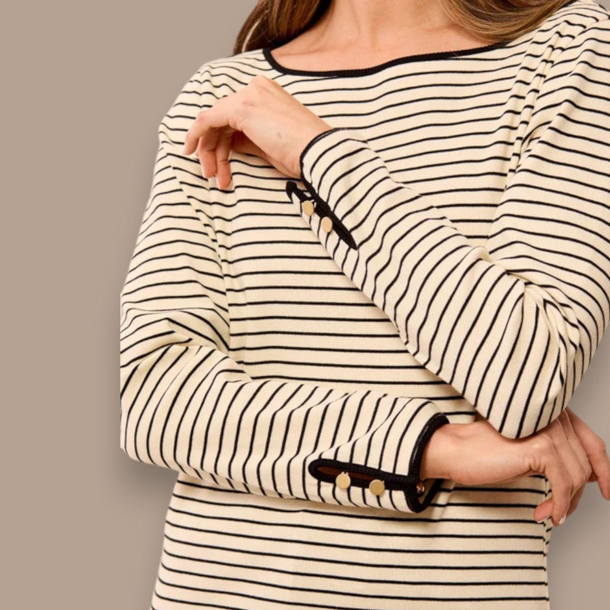 Tribal - Striped Boat Neck Top With Button Cuffs