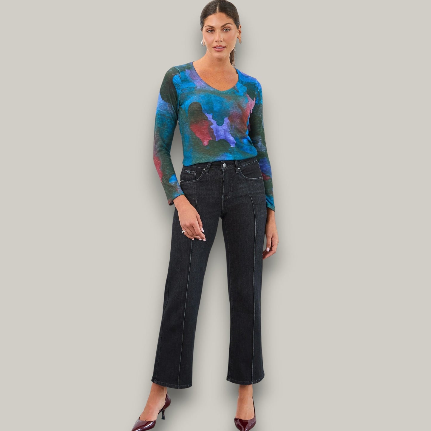 FDJ - Midnight Bloom Long-Sleeve V-Neck Top
