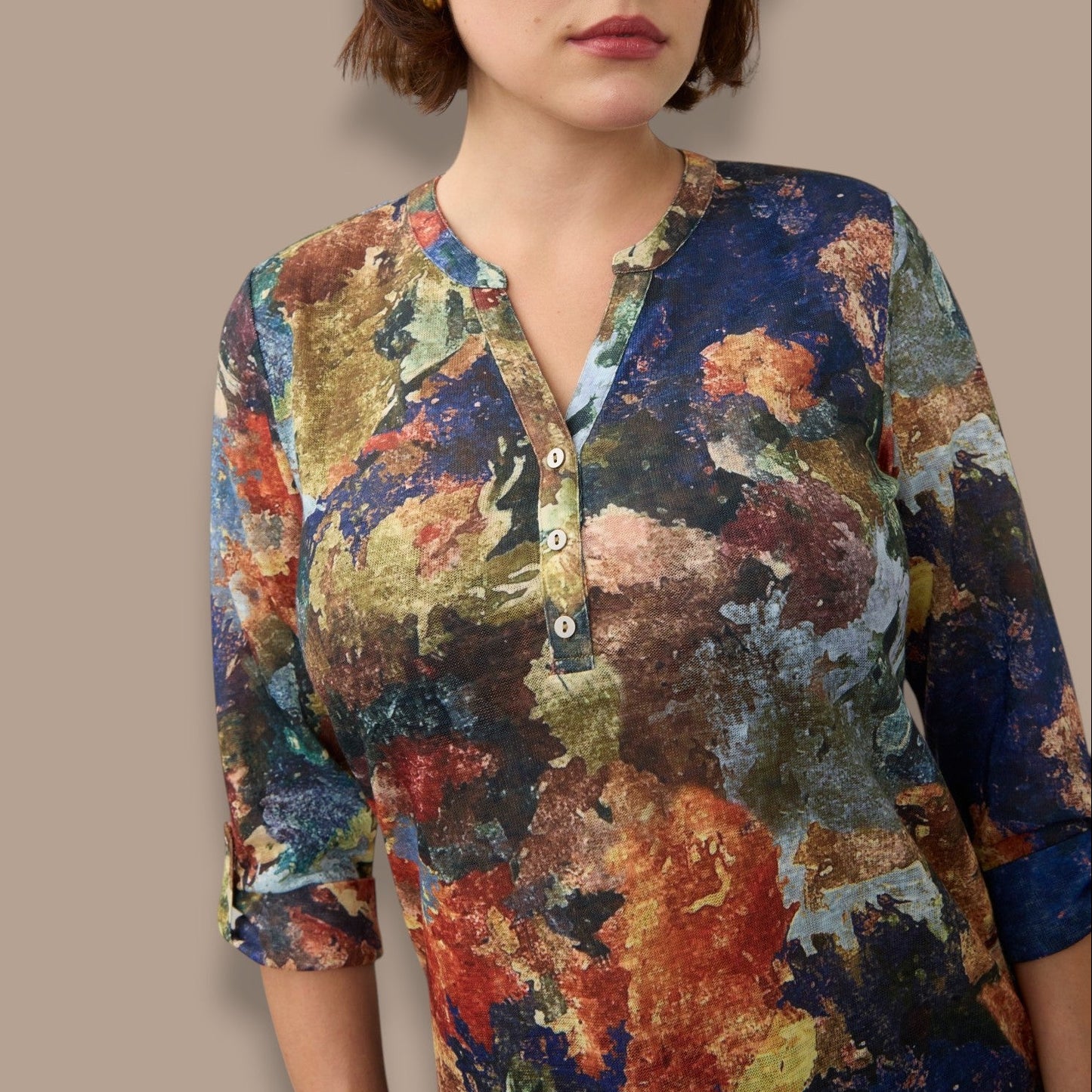 FDJ - Abstract Print Henley Knit Top