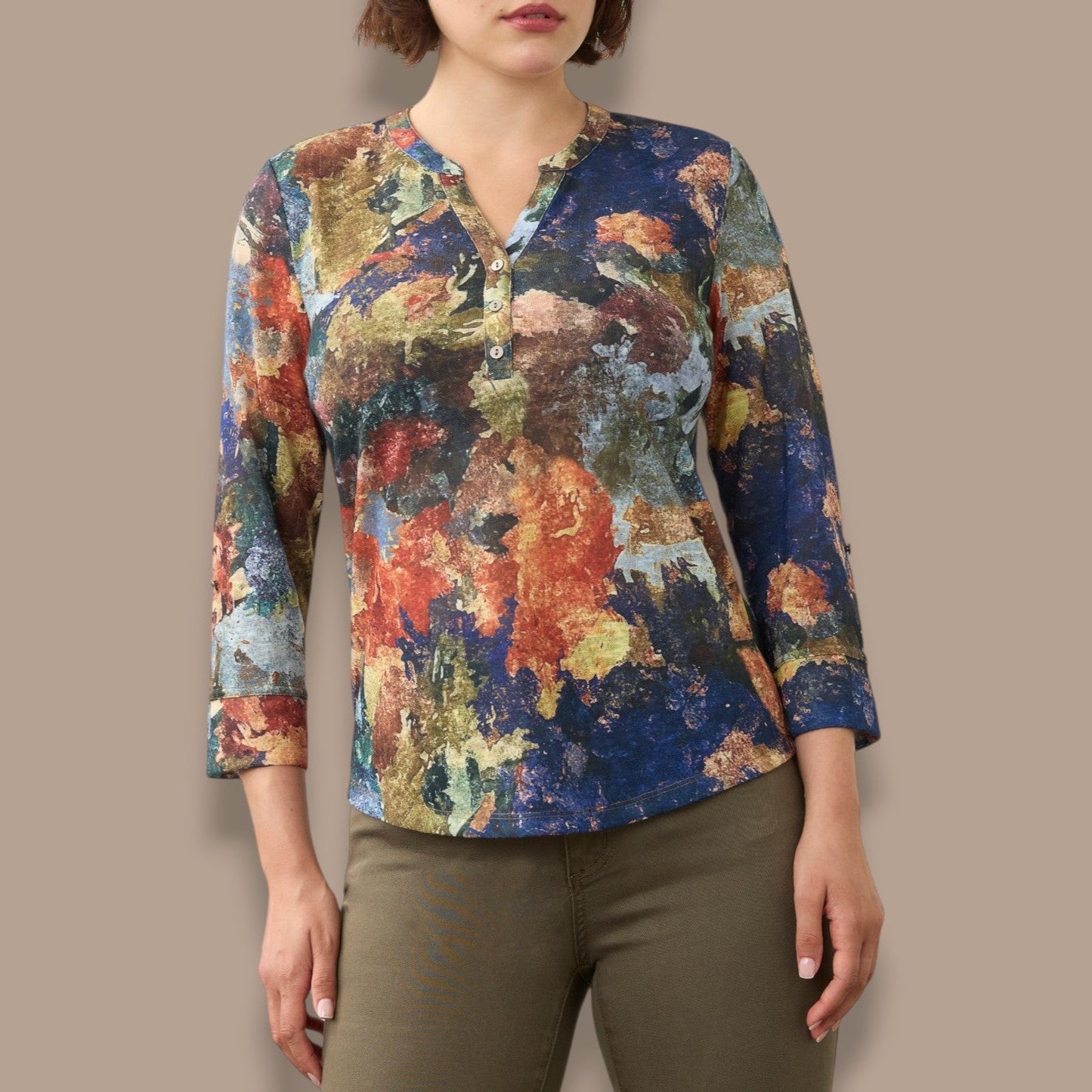 FDJ - Abstract Print Henley Knit Top