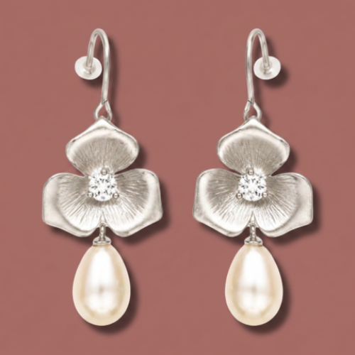 Audrey's - Silver Blossom Pearl Drop Earrings