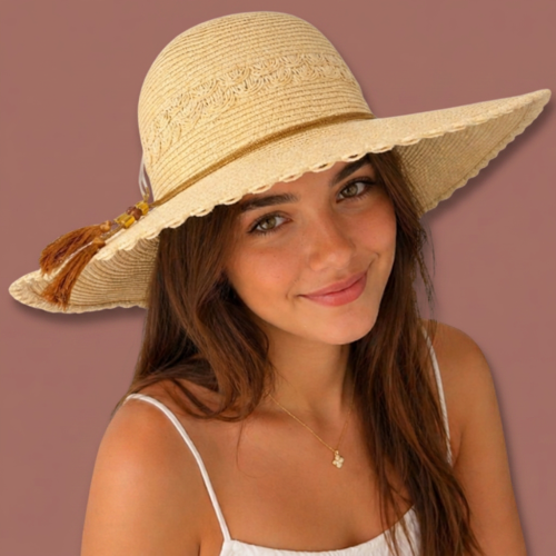 Audrey's - Natural Woven Sun Hat With Tassel Detail