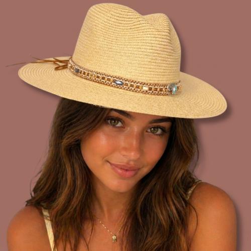 Audrey's - Refined Straw Fedora With Embellished Band