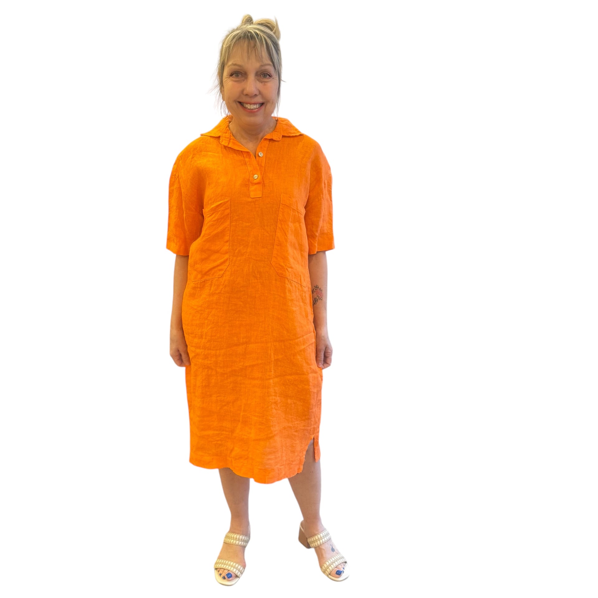 Angela Mara - Linen Dress With Front Pockets - S / Orange Angela Mara - Linen Dress With Front Pockets - S / Orange