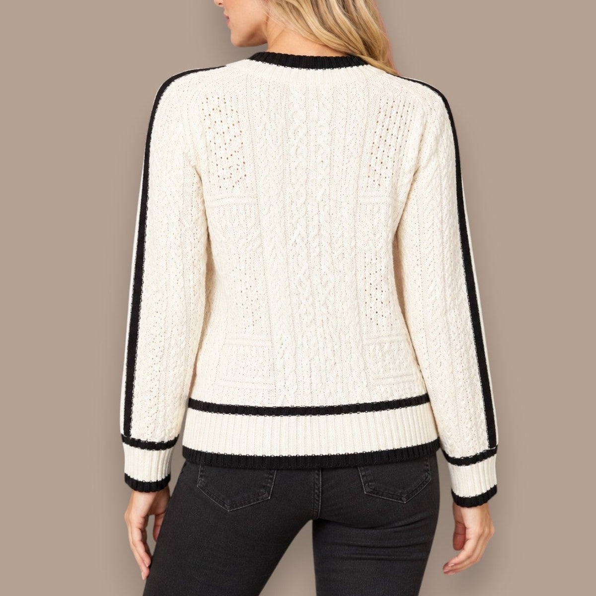 Minkas - Cream Cable Knit Sweater With Black Contrast Trim