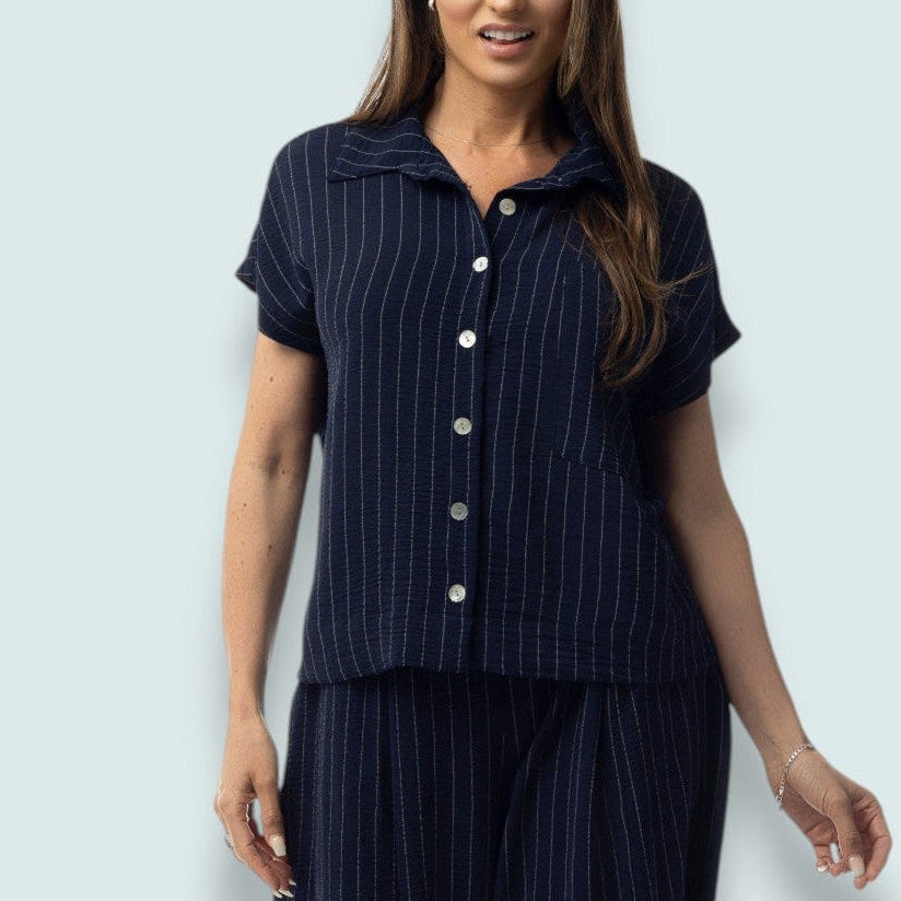 Pure - Nautical Pinstripe Button-Front Blouse