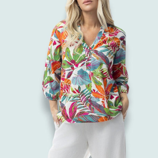 Pure - Peacock Palms Split-Neck Blouse