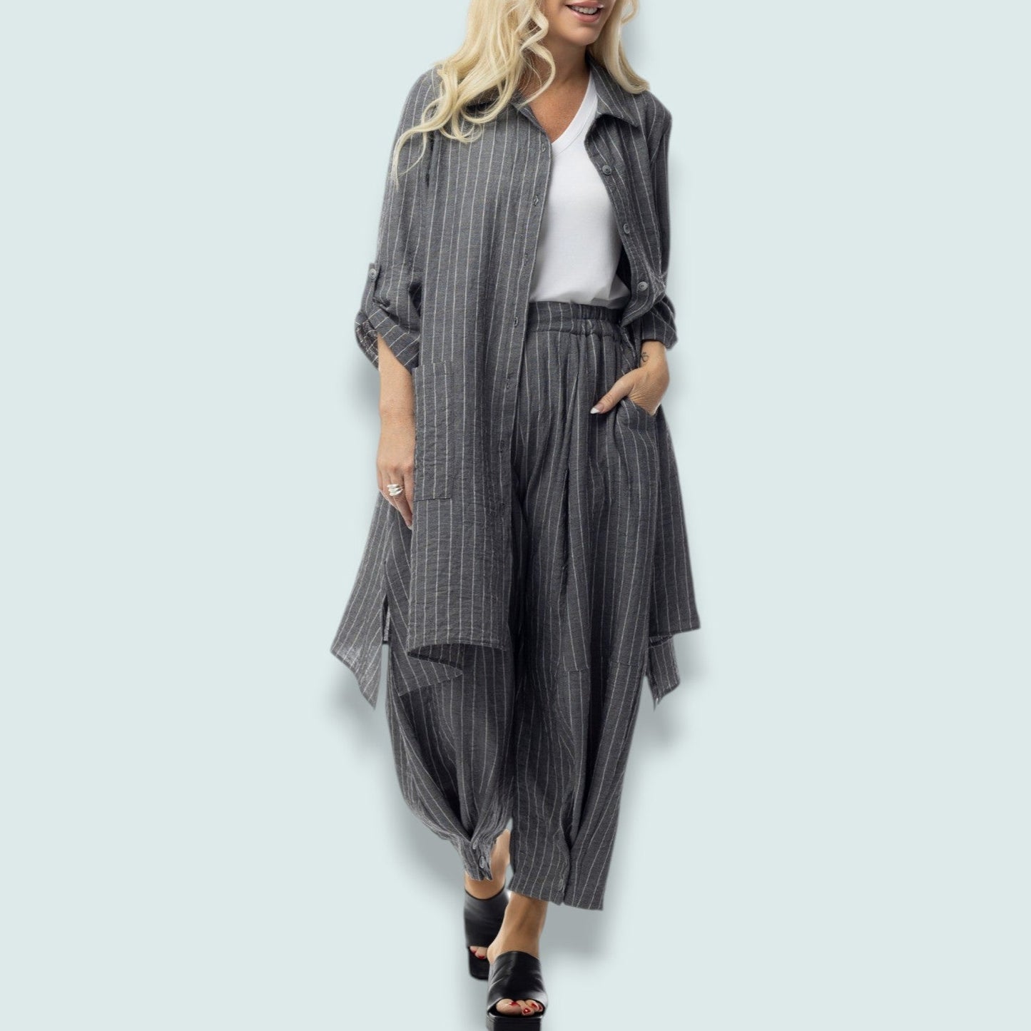 Pure - Pinstripe Button Detail Relaxed Pant