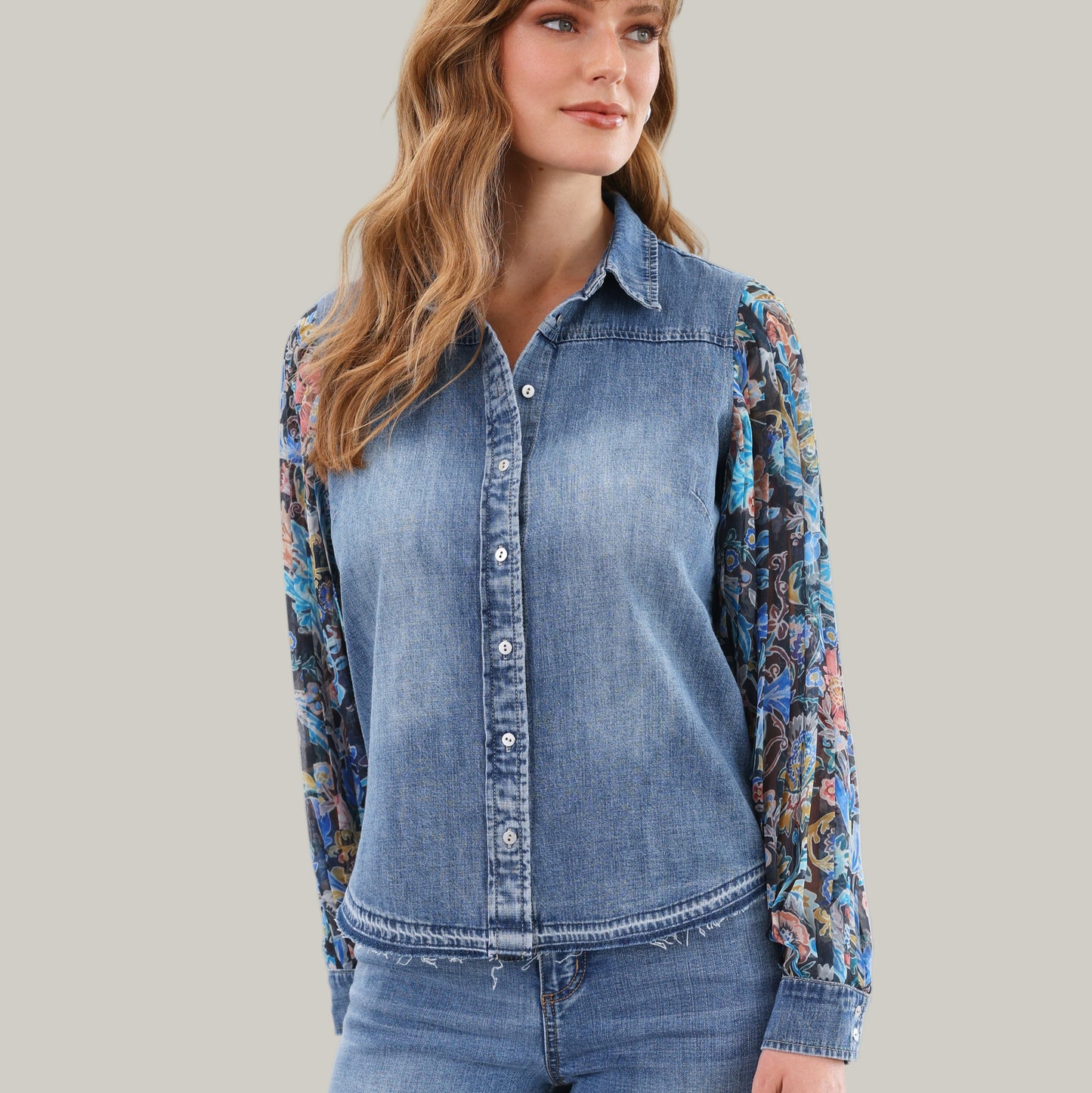 FDJ - Pleated Sleeve Chambray Blouse