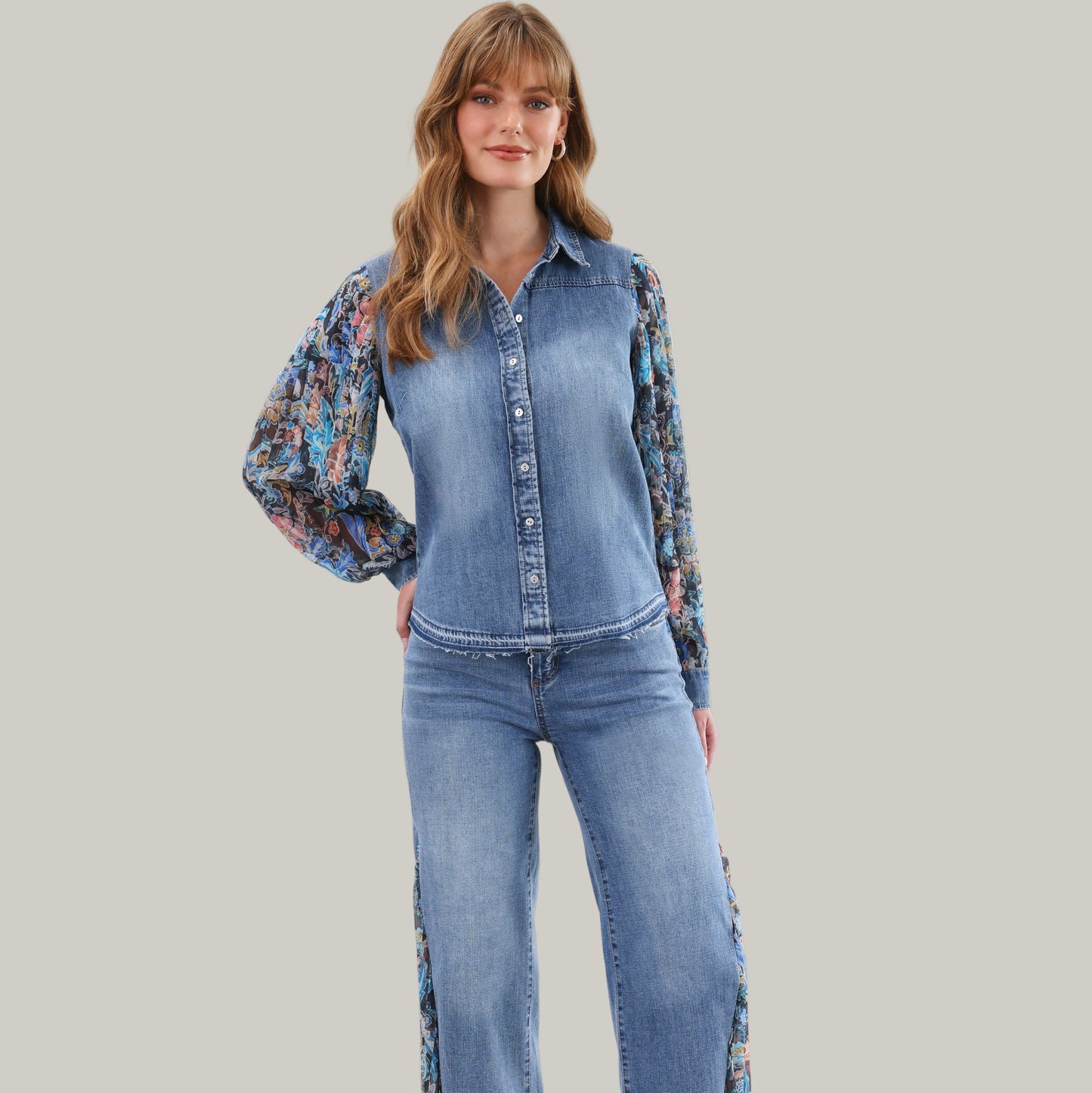 FDJ - Pleated Sleeve Chambray Blouse