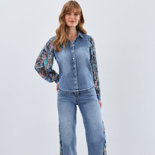 FDJ - Pleated Sleeve Chambray Blouse