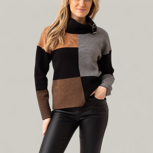 Marble - Cowl Neck Check Pattern Knit Sweater