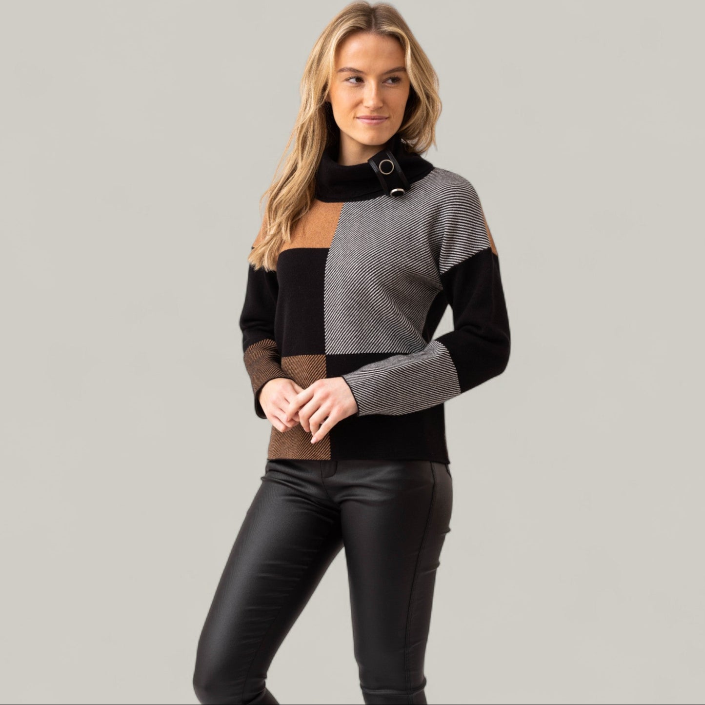 Marble - Cowl Neck Check Pattern Knit Sweater