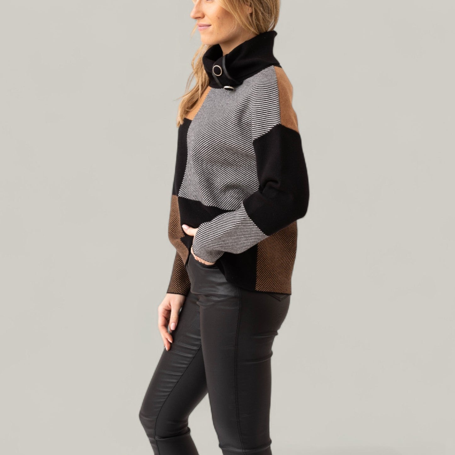 Marble - Cowl Neck Check Pattern Knit Sweater