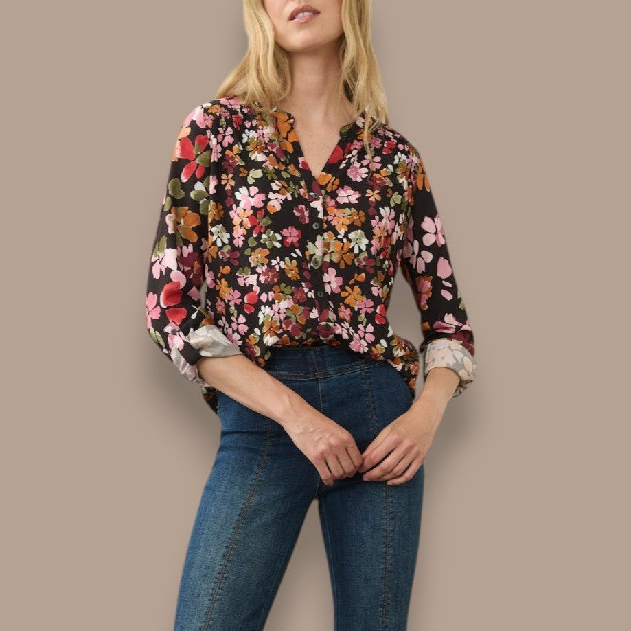 FDJ - Floral Print Roll-Tab Sleeve Blouse