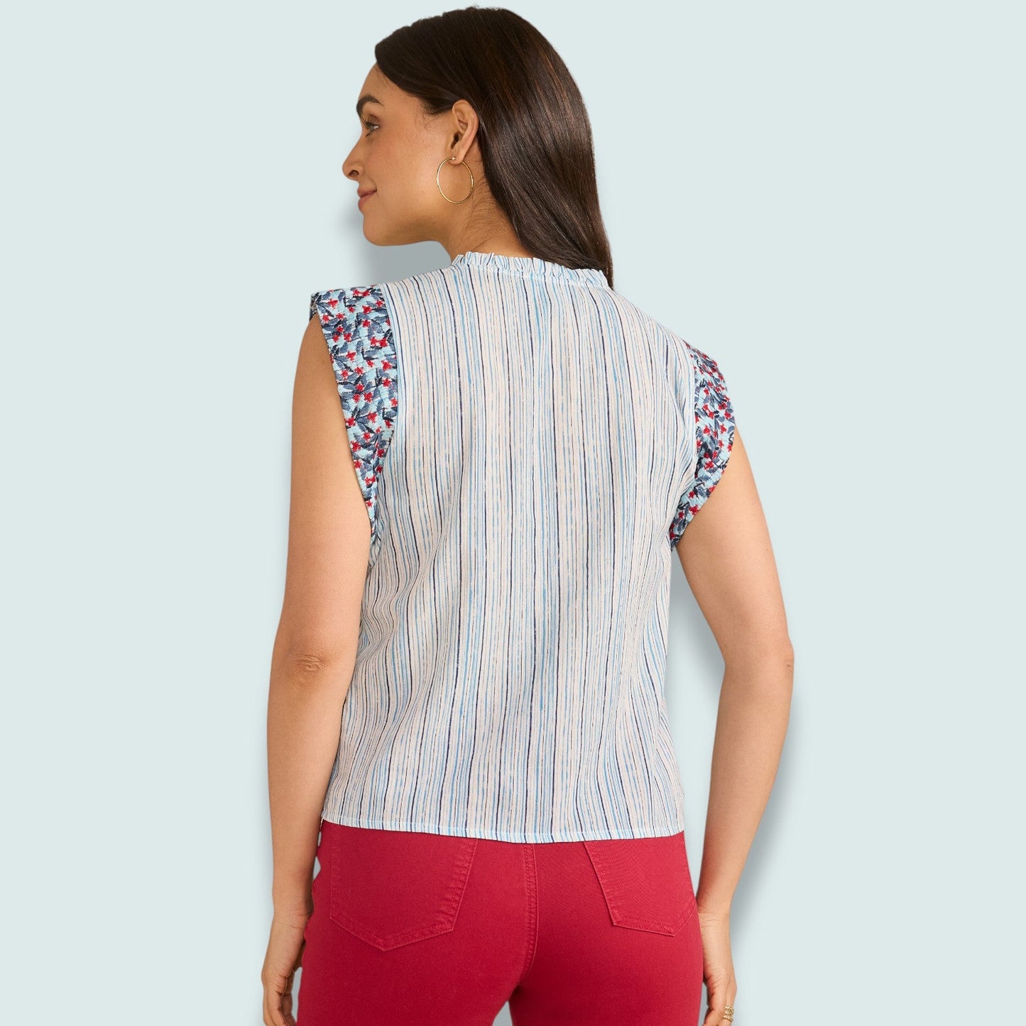 FDJ - Embroidered Flutter Sleeve Tie-Neck Top