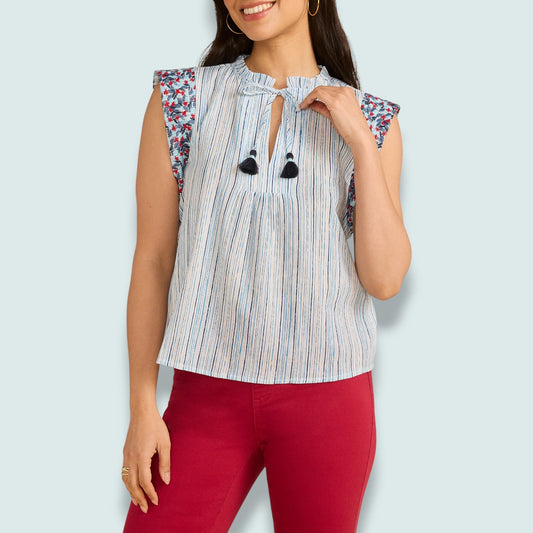 FDJ - Embroidered Flutter Sleeve Tie-Neck Top