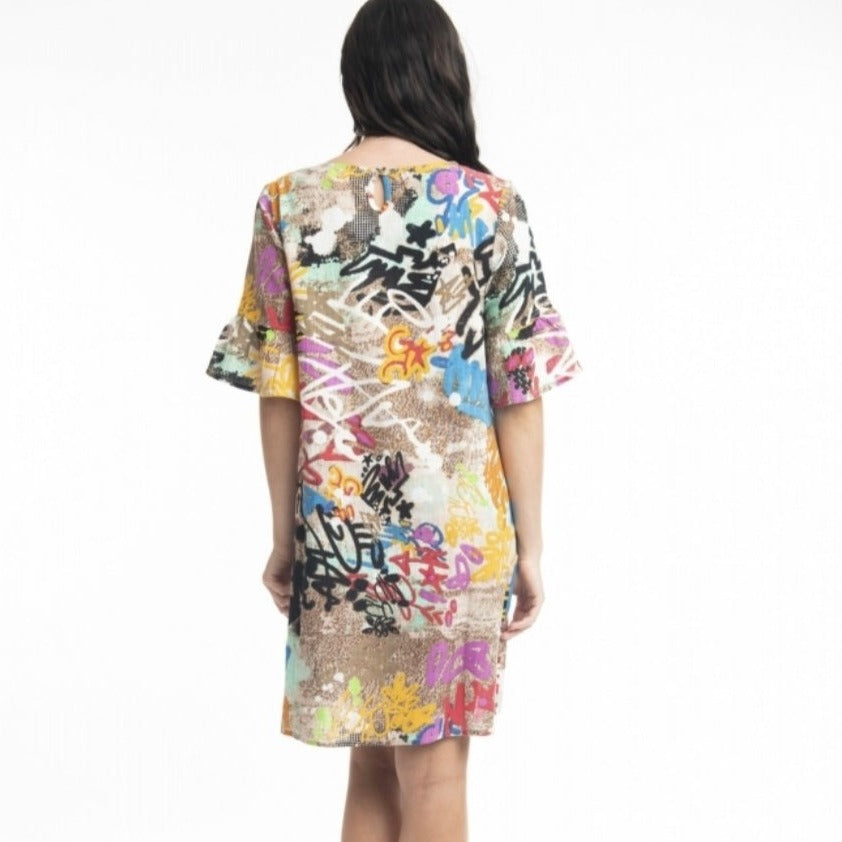 Orientique - Graffiti Print Frill Sleeve Dress