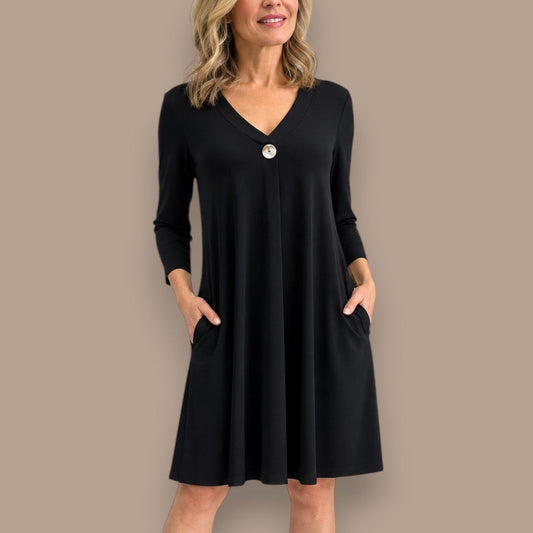 Soft Works - Classic V-Neck A-Line Dress with Pockets