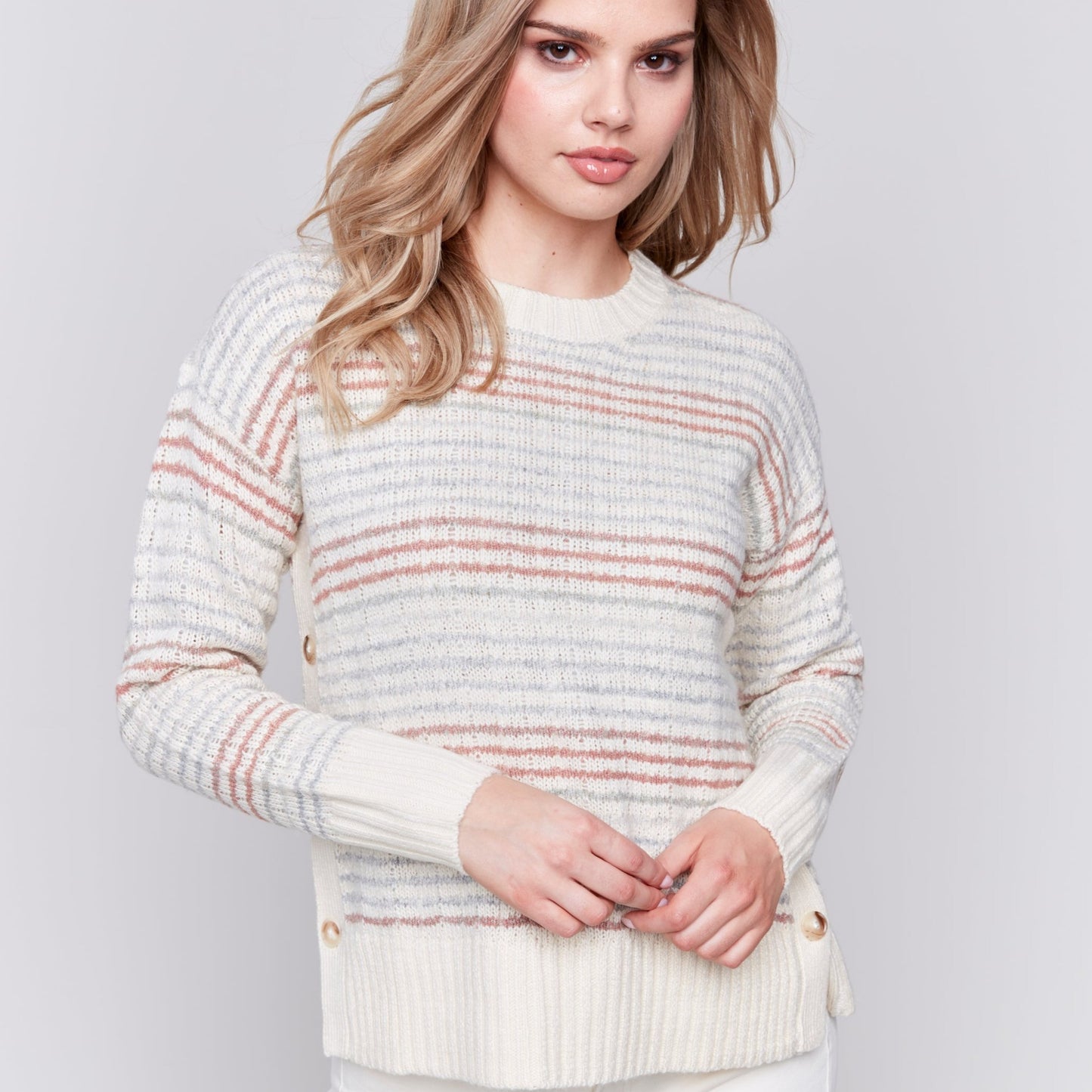 Charlie B - Striped Sweater With Side Button Detail