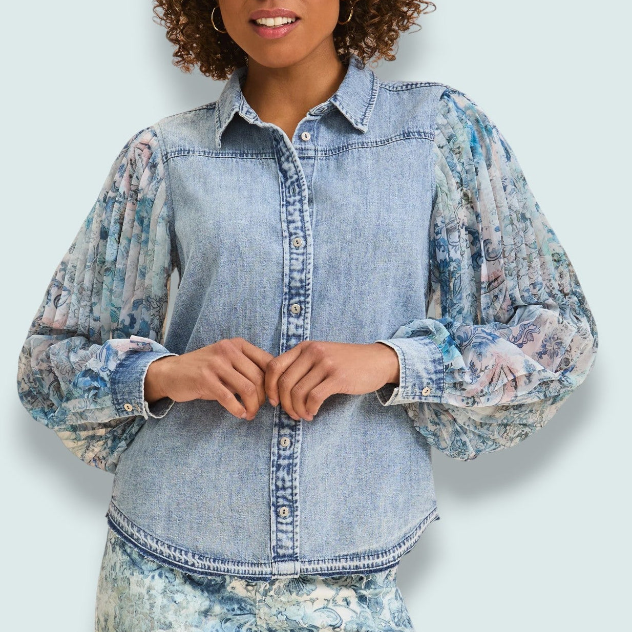 FDJ - Pleated Sleeve Chambray Blouse