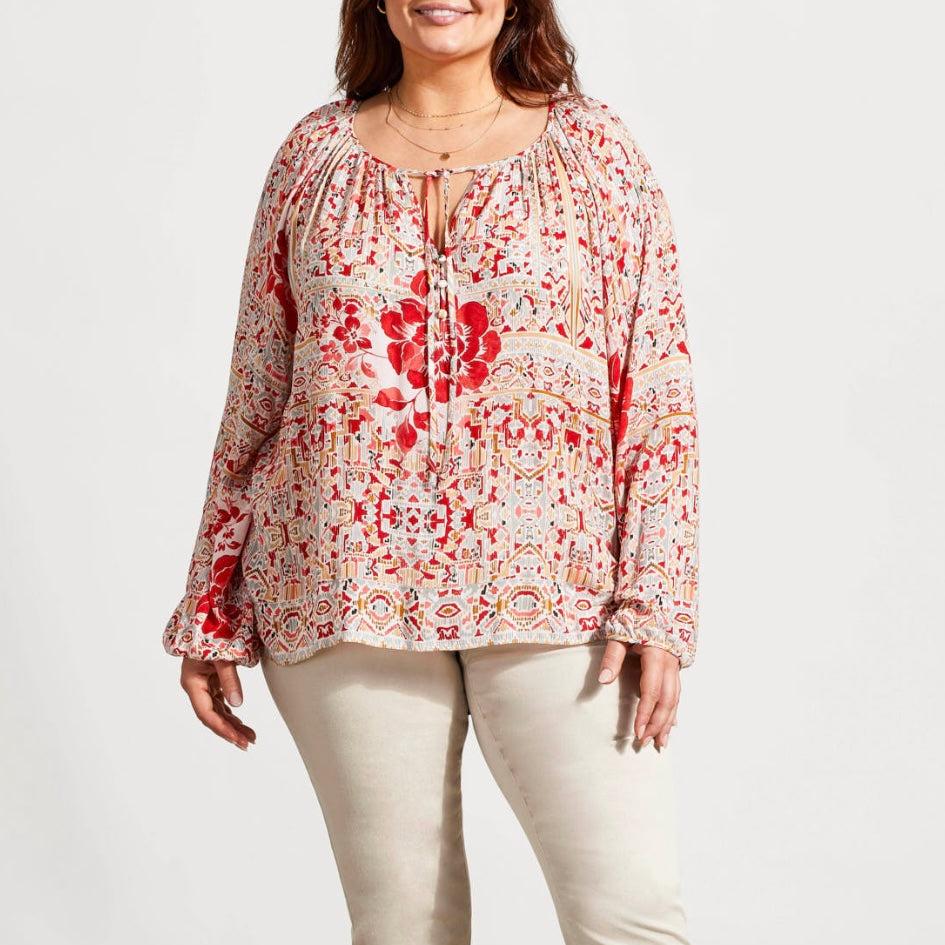 Tribal - Flowy Print Blouse With Ties (Plus Size)