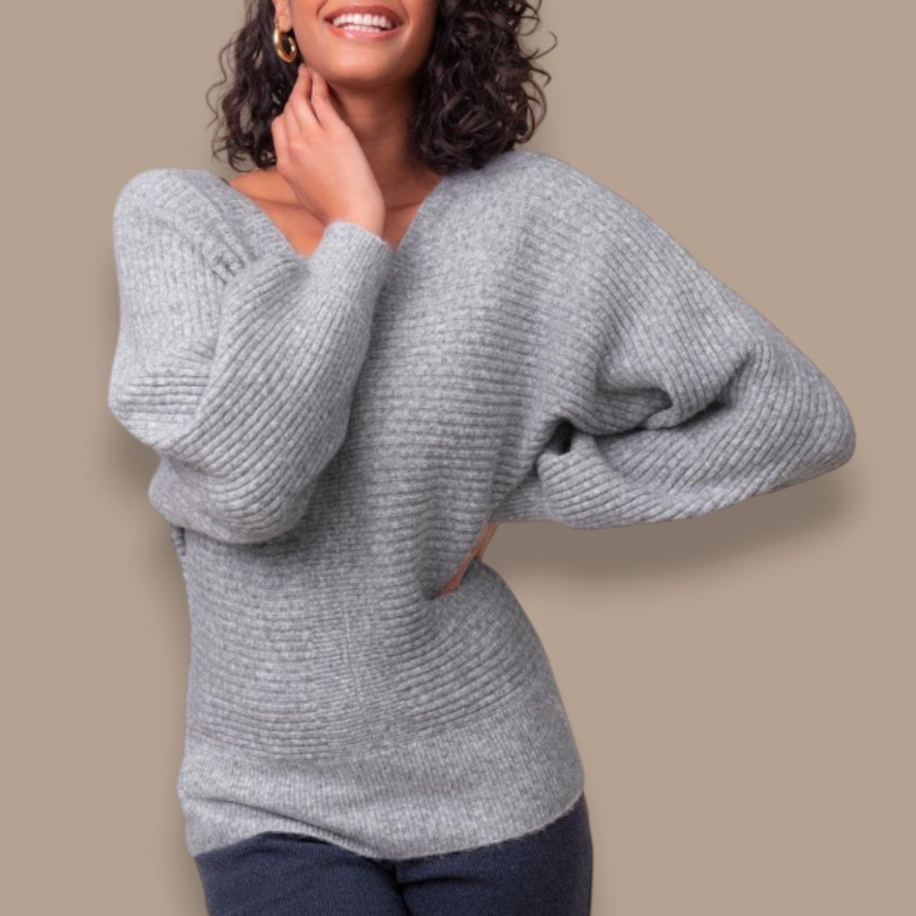 Alison Sheri - V-Neck Rib Knit Sweater With Back V-Detail