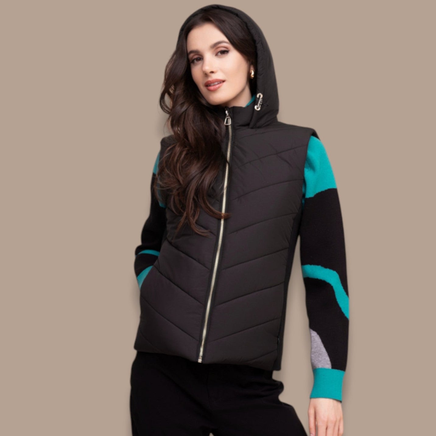 Alison Sheri - Quilted Zip Front Hooded Vest