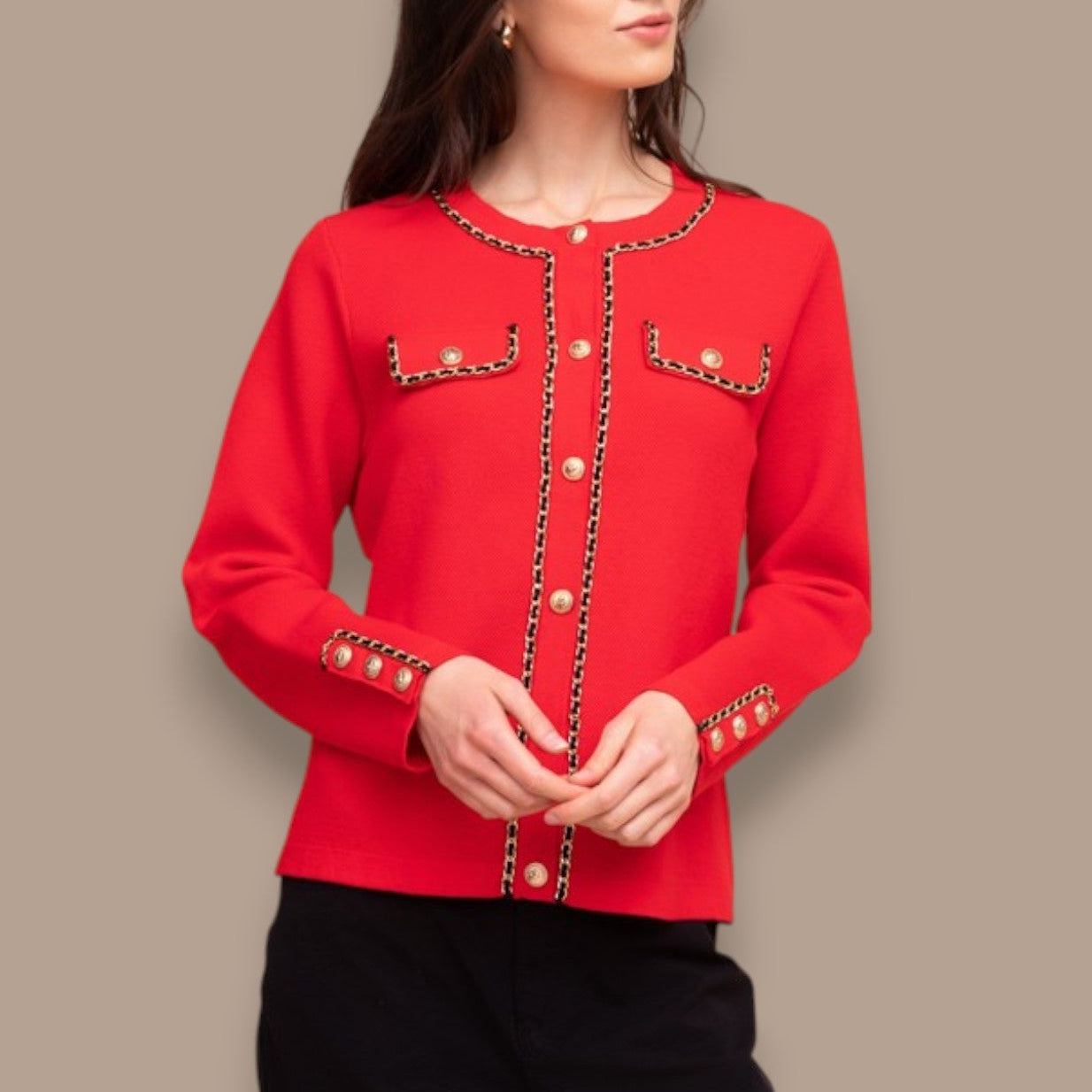 Alison Sheri - Chain Trim Snap Button Cardigan