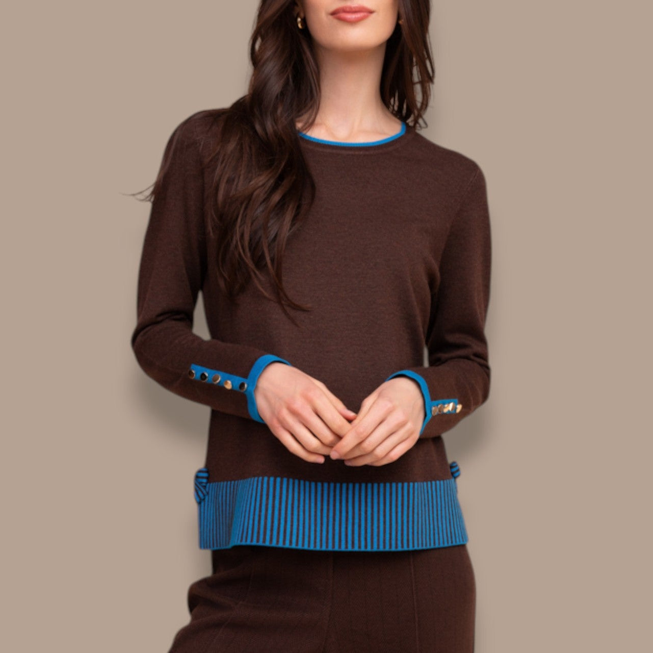 Alison Sheri - Contrast Trim Sweater With Button Cuff Detail