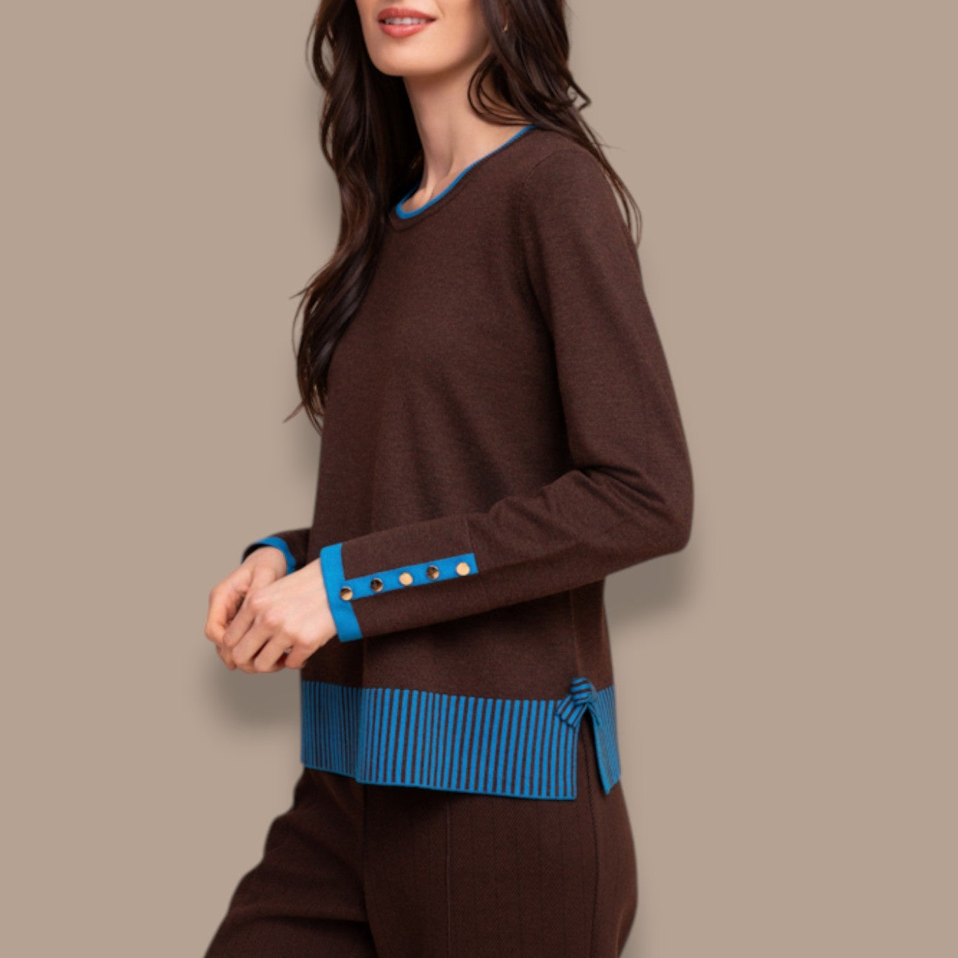 Alison Sheri - Contrast Trim Sweater With Button Cuff Detail